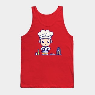 Cute Boy Chef Cooking In Kitchen Cartoon Tank Top